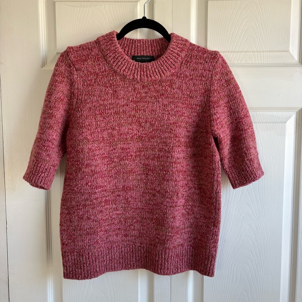 Ann Taylor Mauve Pink Knit Wool‎ Blend Sweater L Fisherman Marled Chunky Career